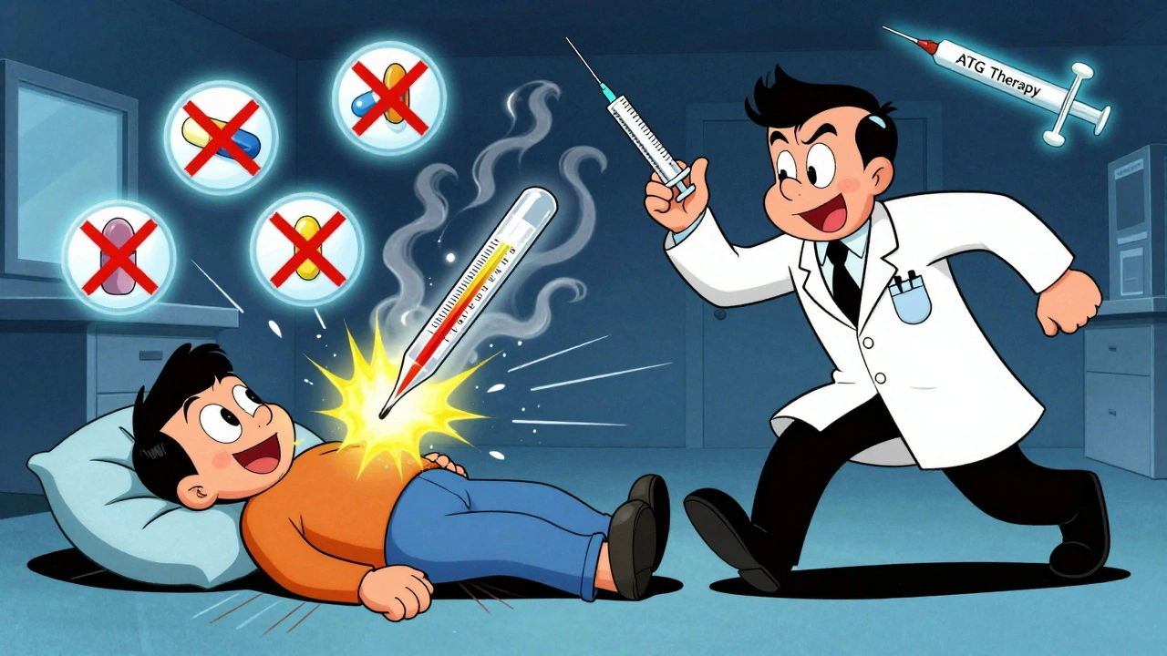 Patient collapsing in ER as drug icons are crossed out and a hematologist rushes in with medical tools.