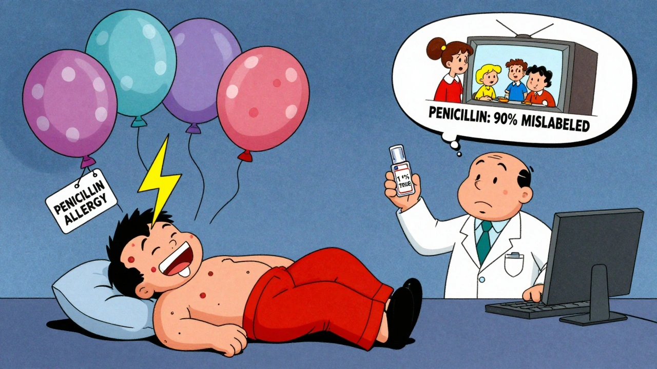 Patient collapsing with cartoon hives and medical alert tag, while doctor holds a small test kit labeled &#039;1% TRUE&#039;.