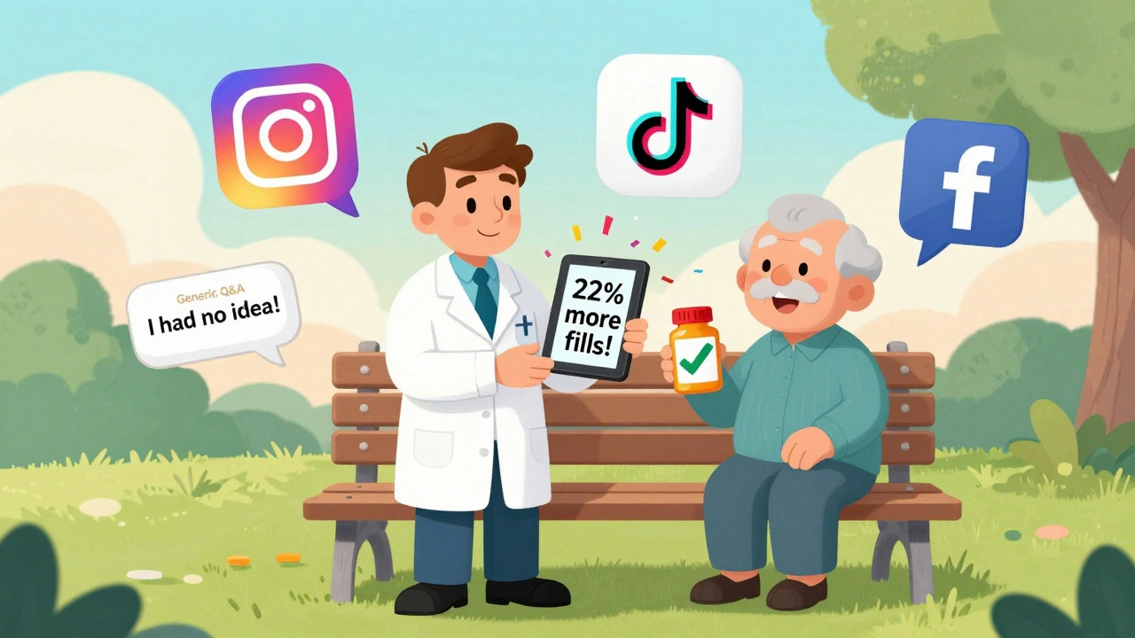 Pharmacist and senior on a bench surrounded by social media icons showing patient success stories.