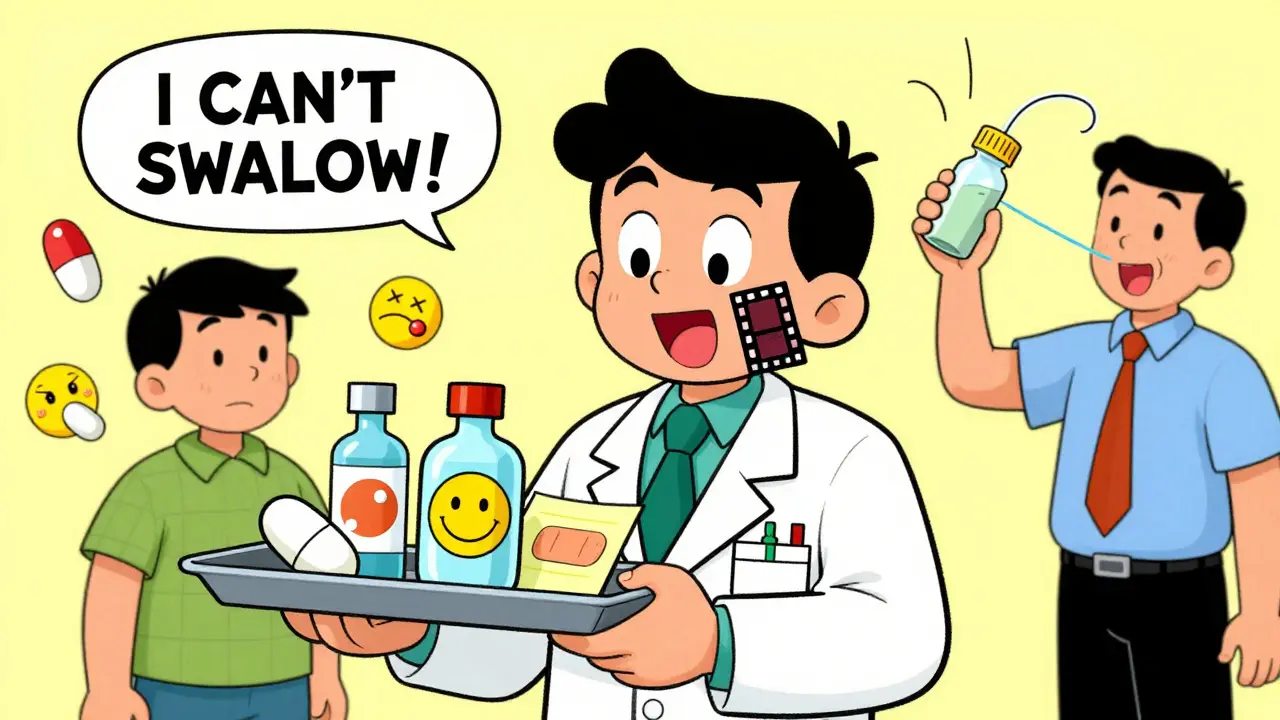 Pharmacist presenting easy-to-take medicine alternatives like liquids, patches, and dissolvable tablets in colorful cartoon style.