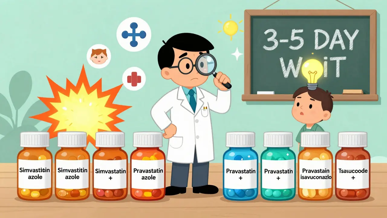 Pharmacist sorting safe vs. dangerous pills, with a patient understanding the right choice.