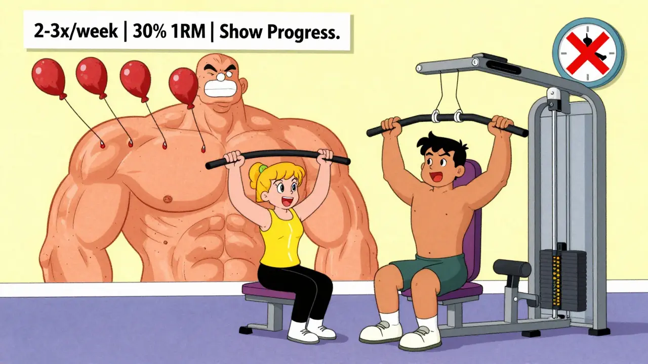 Physical therapist helping patient do shoulder press with shrinking and rebuilding muscle fibers shown in background.