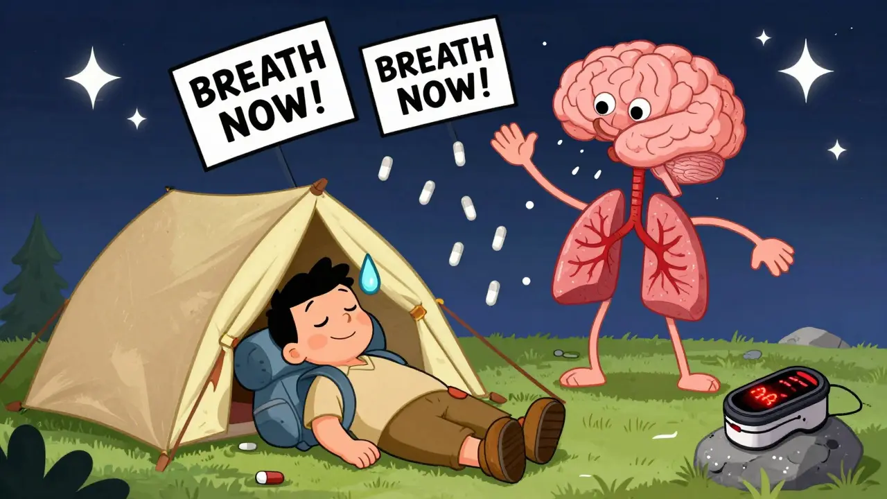 Sleeping hiker with pills raining down and pulse oximeter showing dangerously low oxygen level.