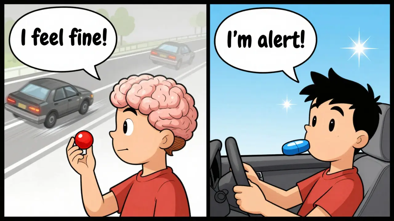 Split cartoon scene: one person impaired by old allergy meds, another safe with new meds, showing brain fog vs. clarity.