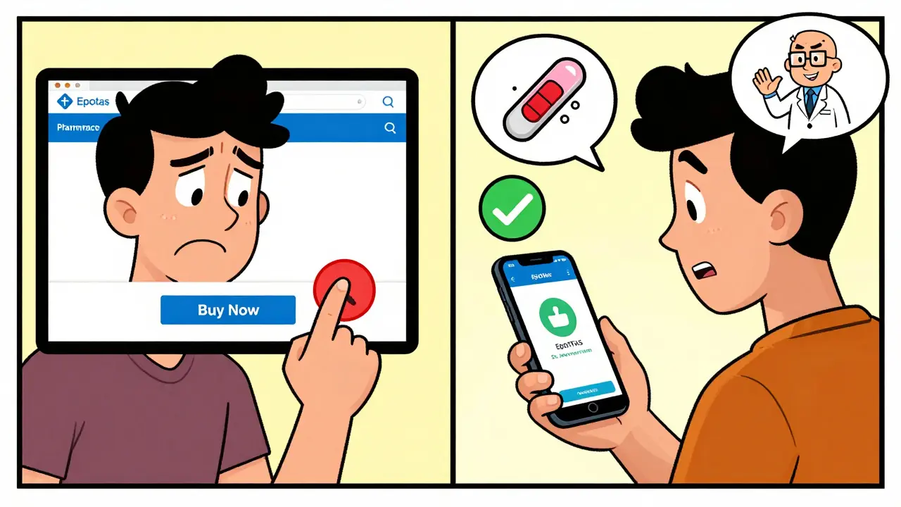 Split-screen: patient ignoring online pharmacy vs. using Epocrates app with friendly warning icons and smiling pharmacist.