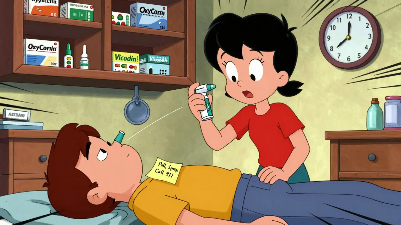 Teenager administering naloxone spray to an unresponsive adult, with second dose visible nearby.