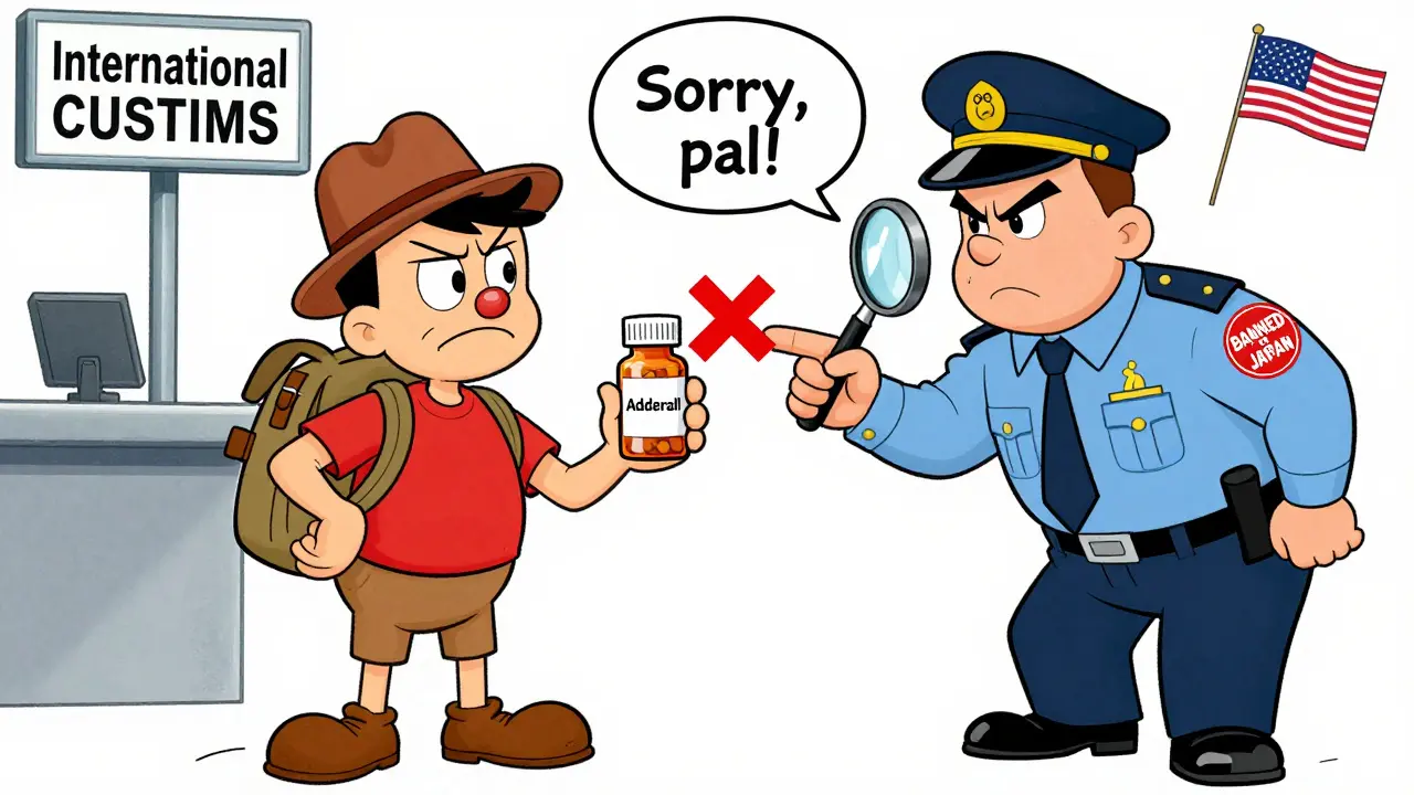 Traveler at customs with a banned pill bottle and a stern officer in Hanna-Barbera style