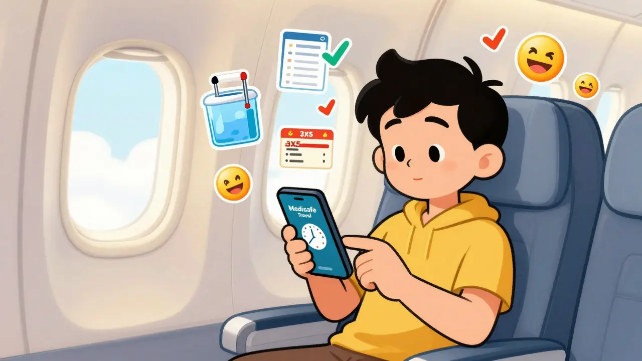 Traveler using a travel med app with floating icons of meds, letter, and time zones in cartoon style