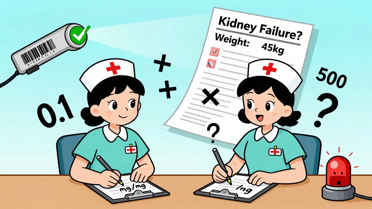 Two nurses doing separate math calculations with oversized patient chart and barcode scanner.