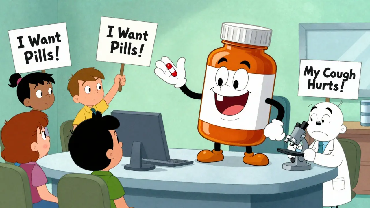 A doctor overwhelmed by patients demanding pills, while a smug antibiotic bottle hands out medicine like candy.
