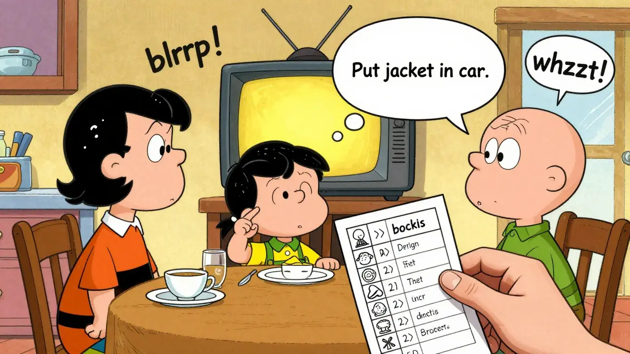 A family at dinner with visual aids helping a child understand instructions despite background noise.