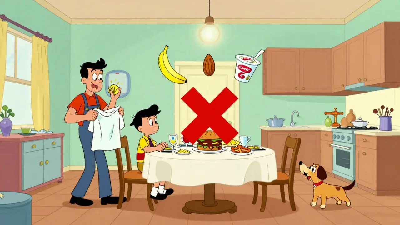 A family moving throughout their kitchen during dinner — standing, walking, and playing — while unhealthy food is crossed out.