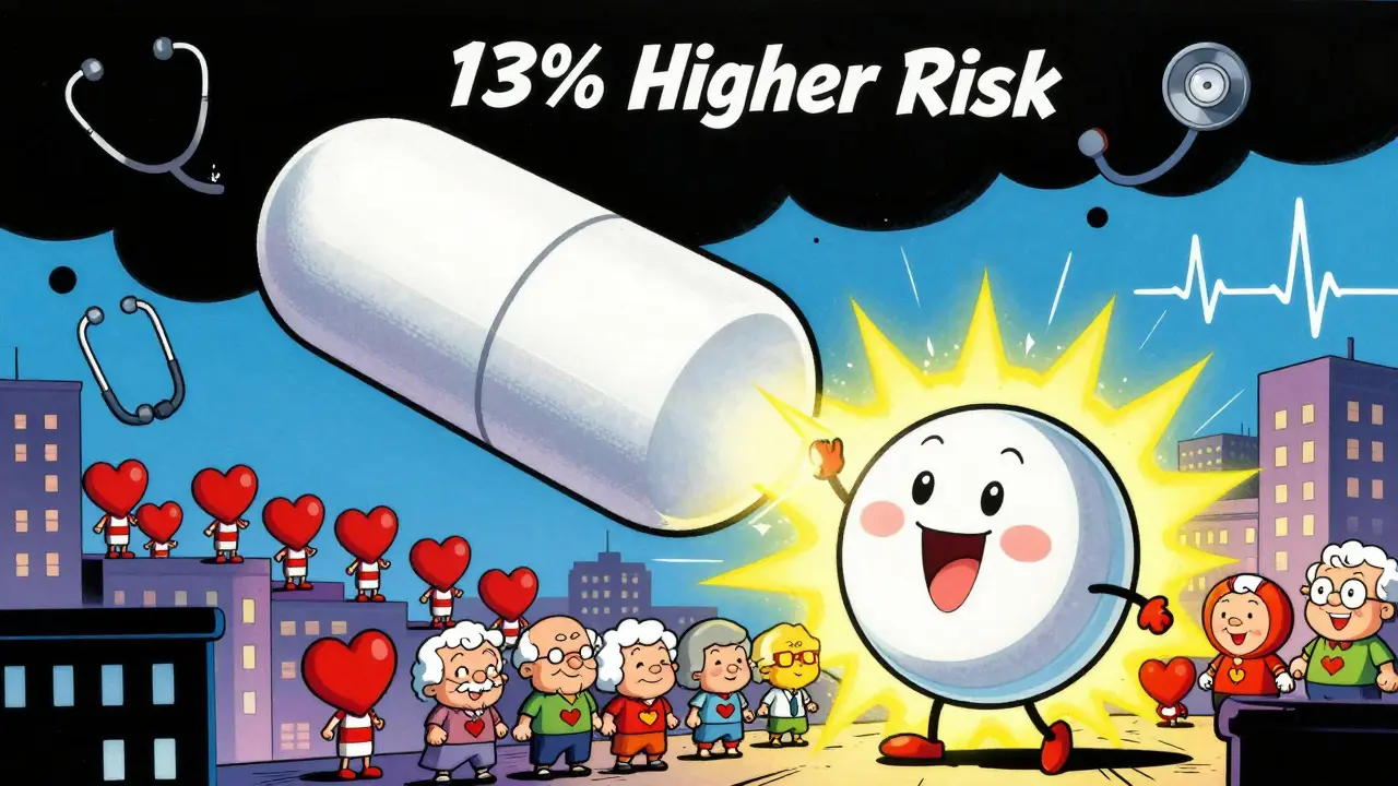A giant generic statin pill casts a shadow over heart patients, while a cheerful calcium blocker pill shines like a shield.