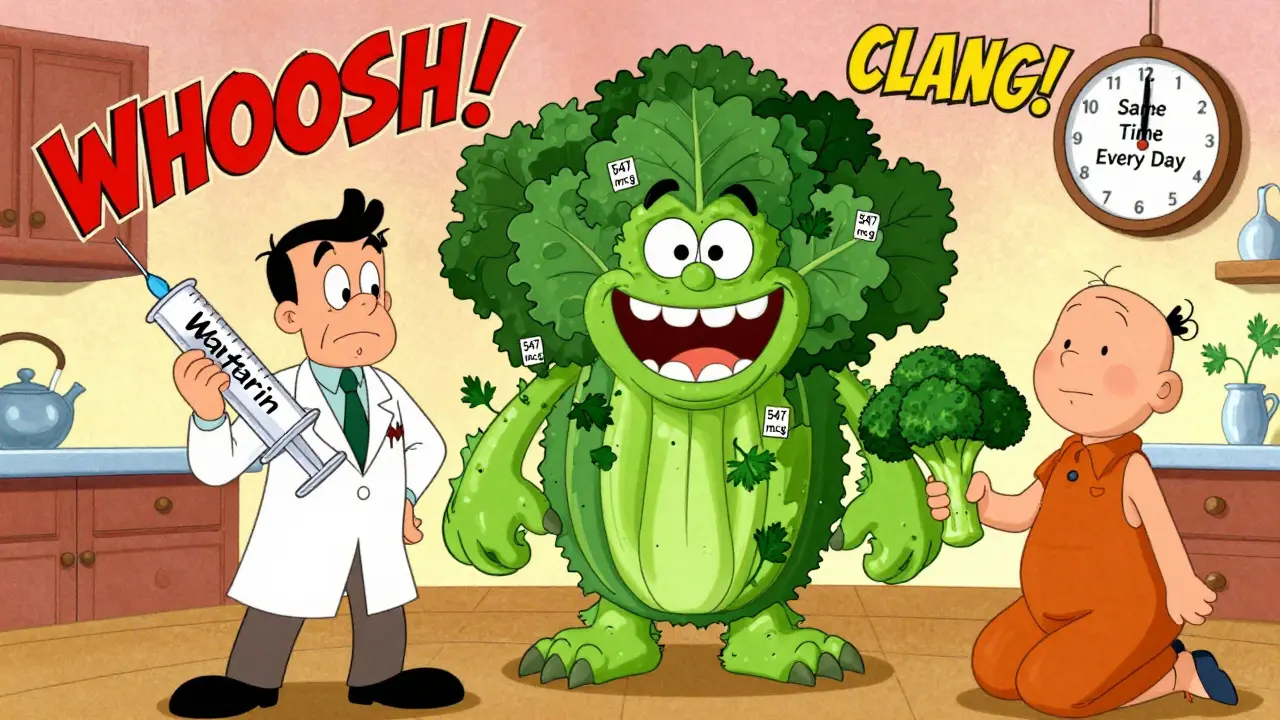 A man in a lab coat faces a giant vegetable monster made of kale and greens, with a clock showing consistent intake.