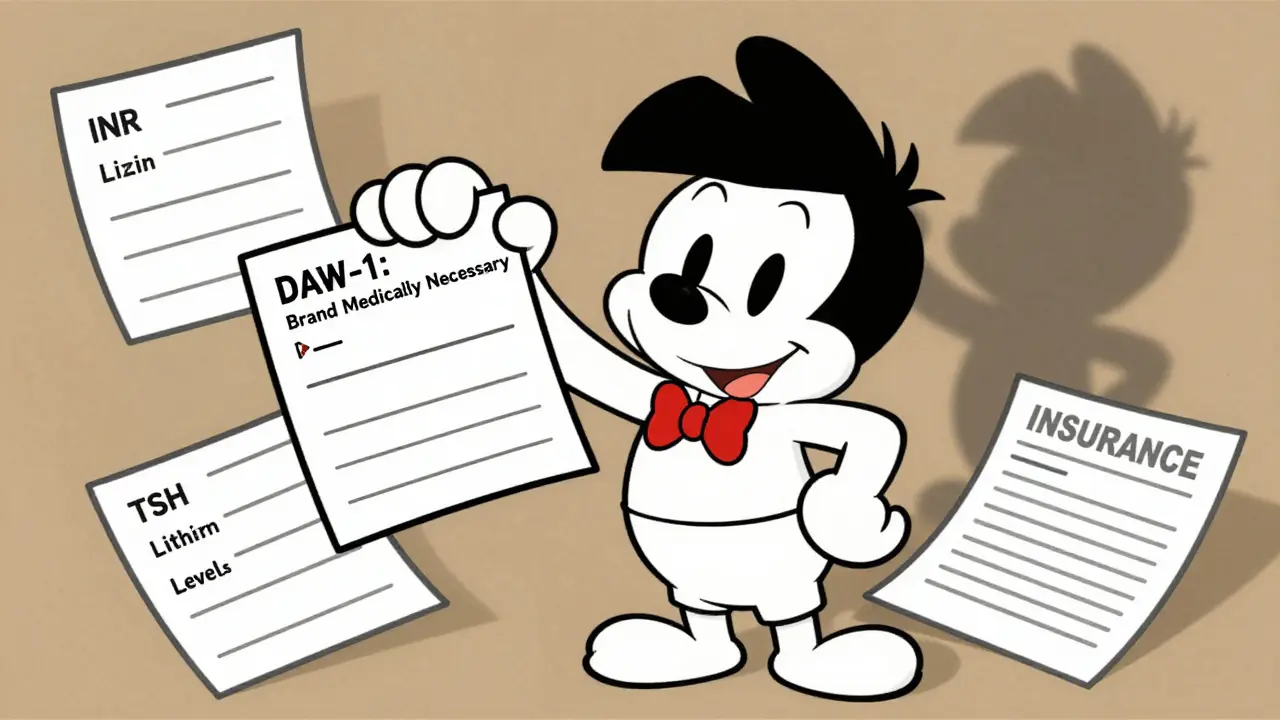 A patient celebrates with a 'Brand Medically Necessary' prescription as lab results stabilize, and a crumpled insurance form fades away.