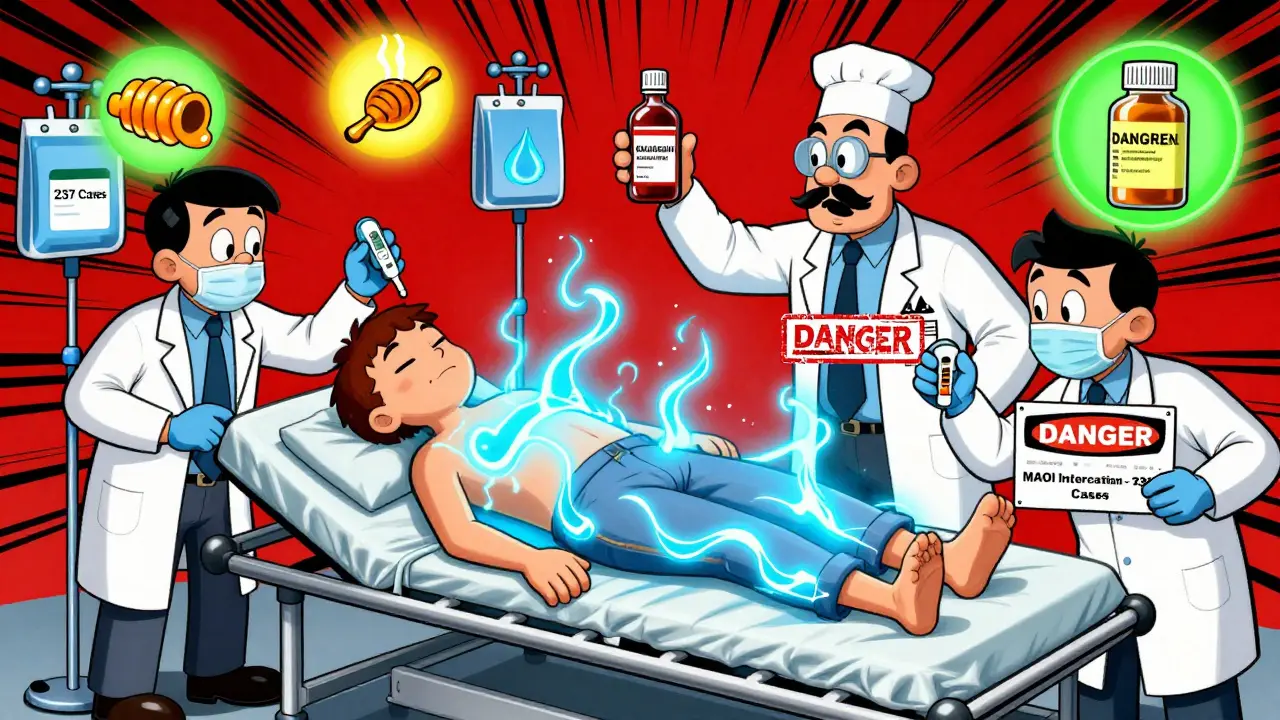 A patient in ER with serotonin waves radiating as doctors react to cough medicine danger.