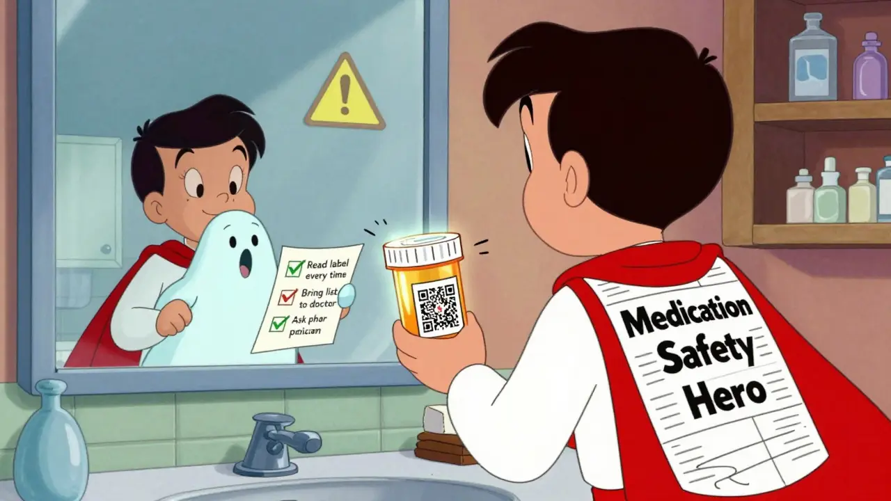 A person in a label-themed superhero cape is guided by cartoon pharmacists from a glowing pill bottle in a whimsical illustration.
