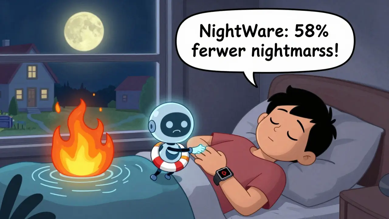 A person sleeps with an Apple Watch gently vibrating to stop a nightmare, turning fire into a calm river.