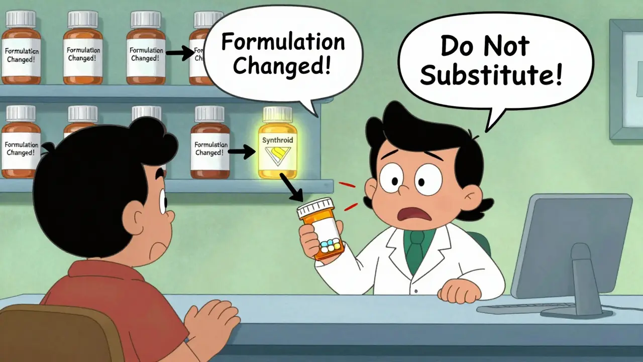 A pharmacist hands a patient a branded medication with a 'Do Not Substitute' notice, surrounded by changing generic pills in retro cartoon style.