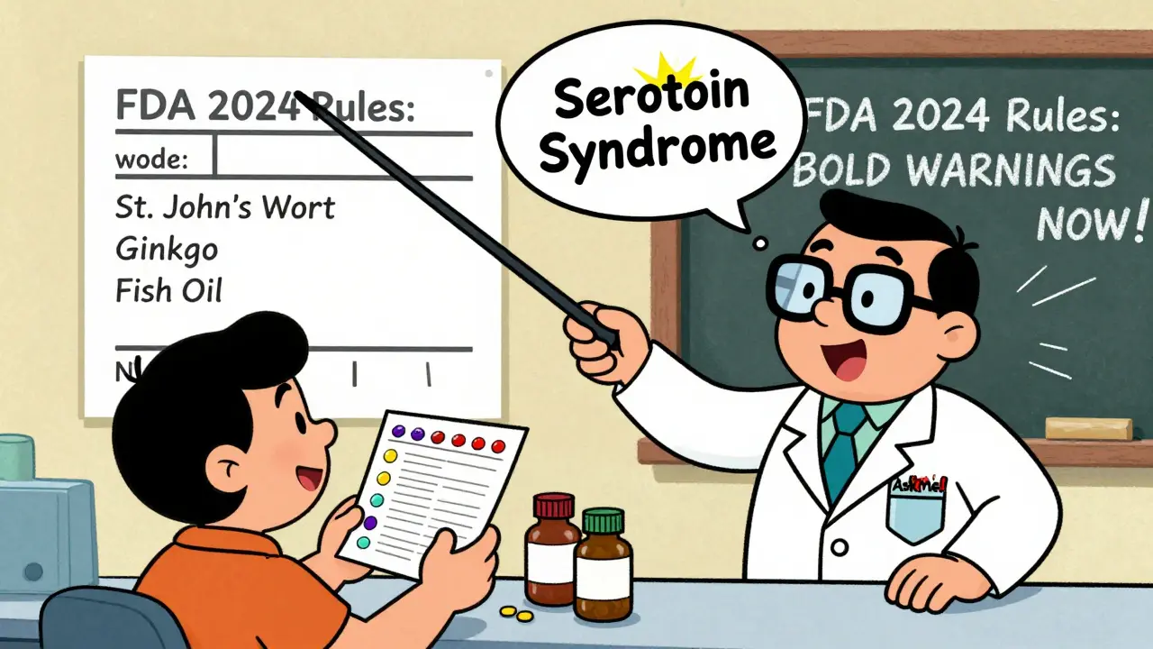 A pharmacist points to a giant prescription label while a patient holds up supplements and OTC meds in a colorful cartoon scene.