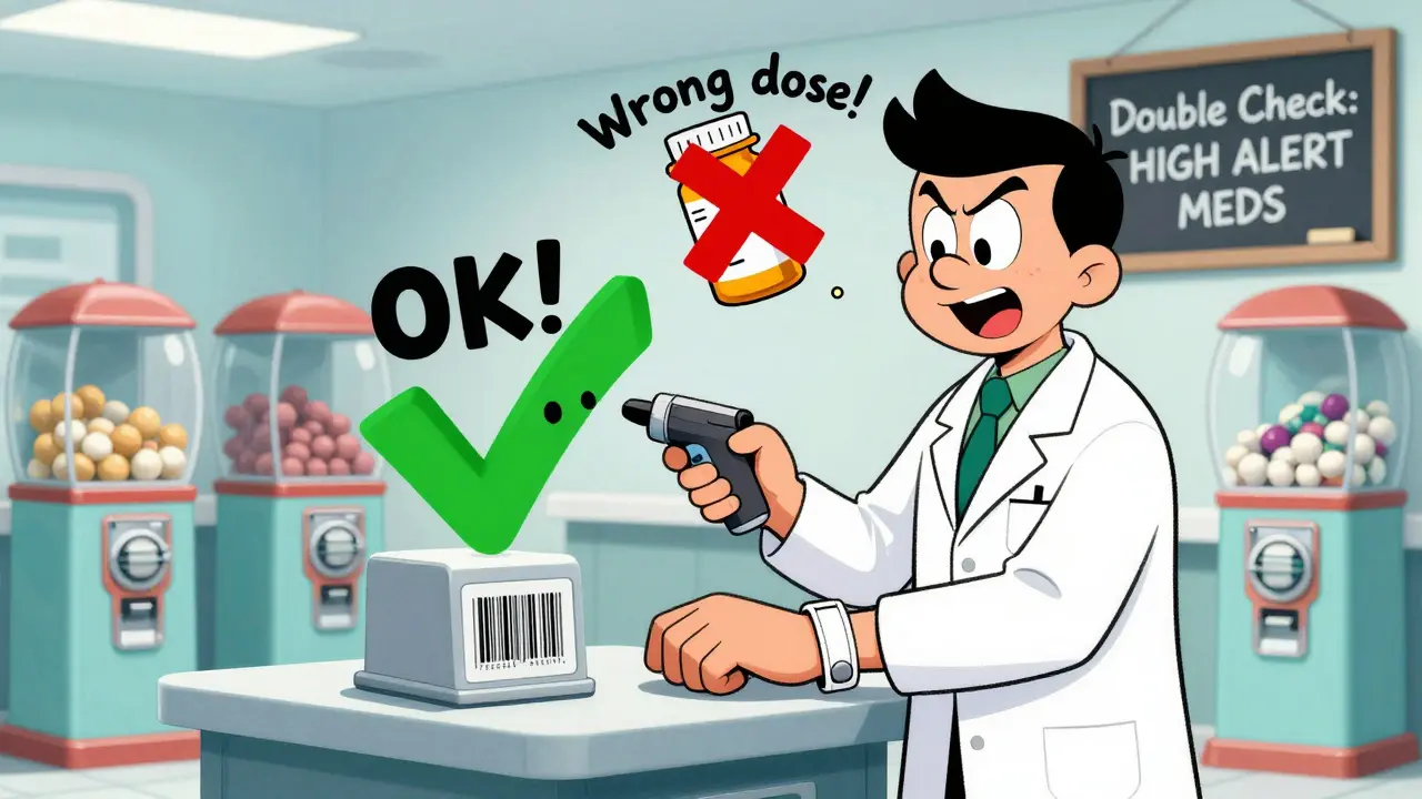 A pharmacist scanning a barcode that correctly matches patient and medication, with a warning flag on a wrong pill.