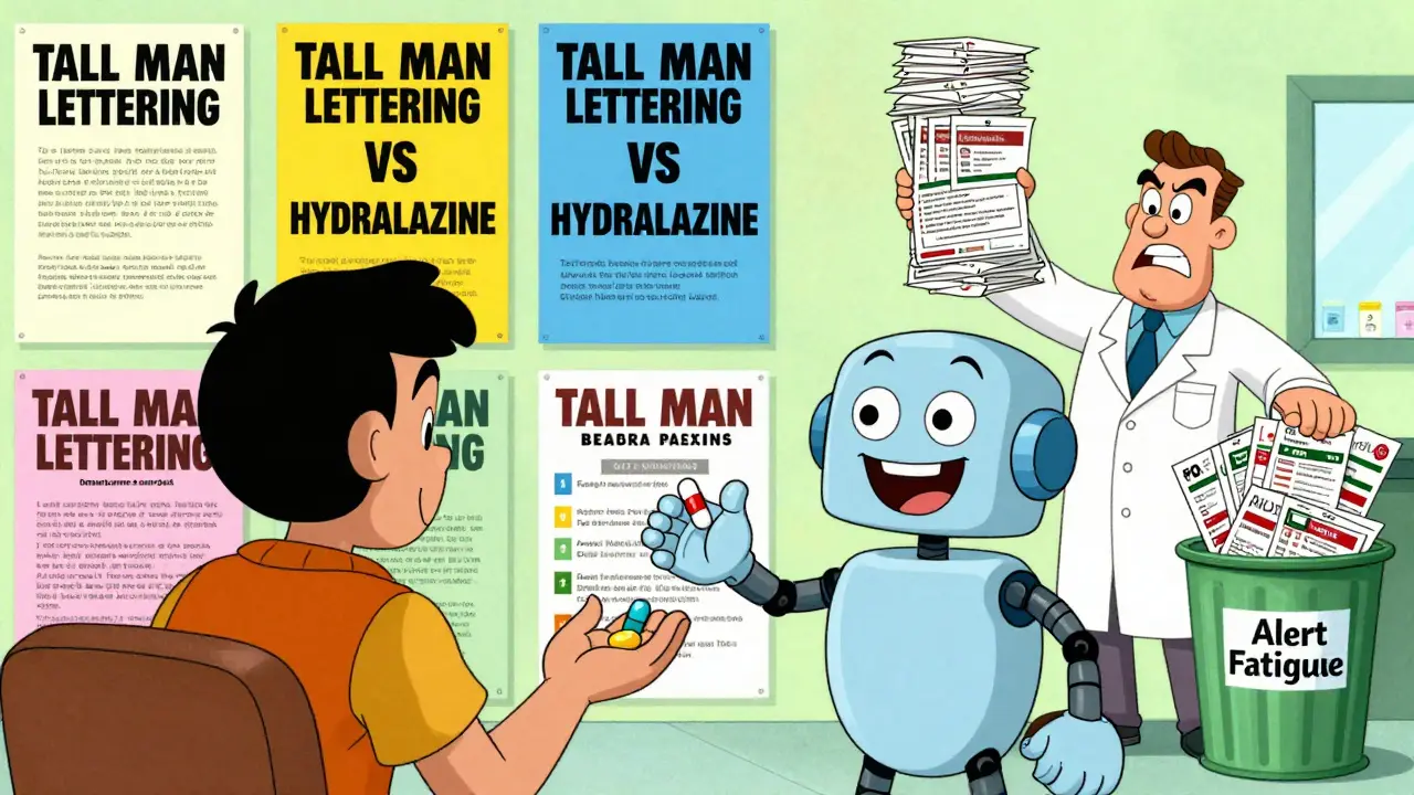A pharmacy wall showing clearly labeled drug names in tall man lettering, with a robot helping a patient.