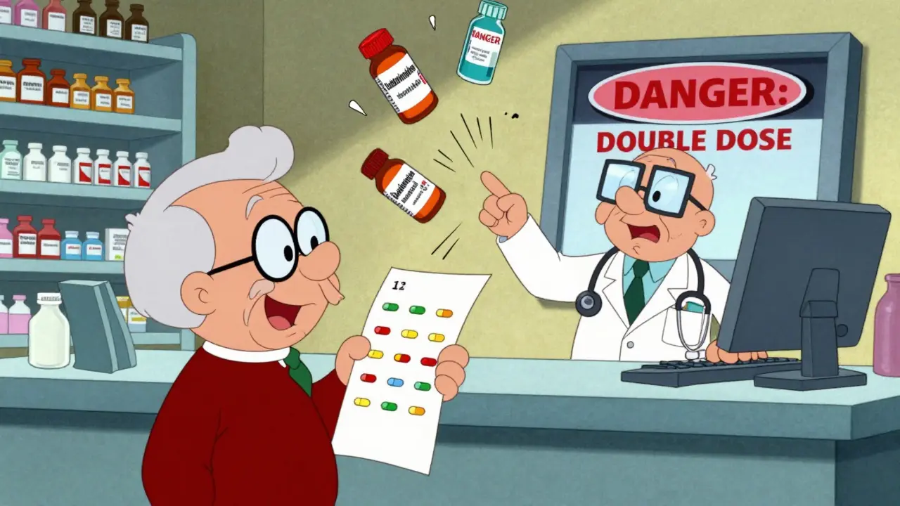 A senior holds a long list of medications as a pharmacist points to a computer alert about dangerous drug overlap.