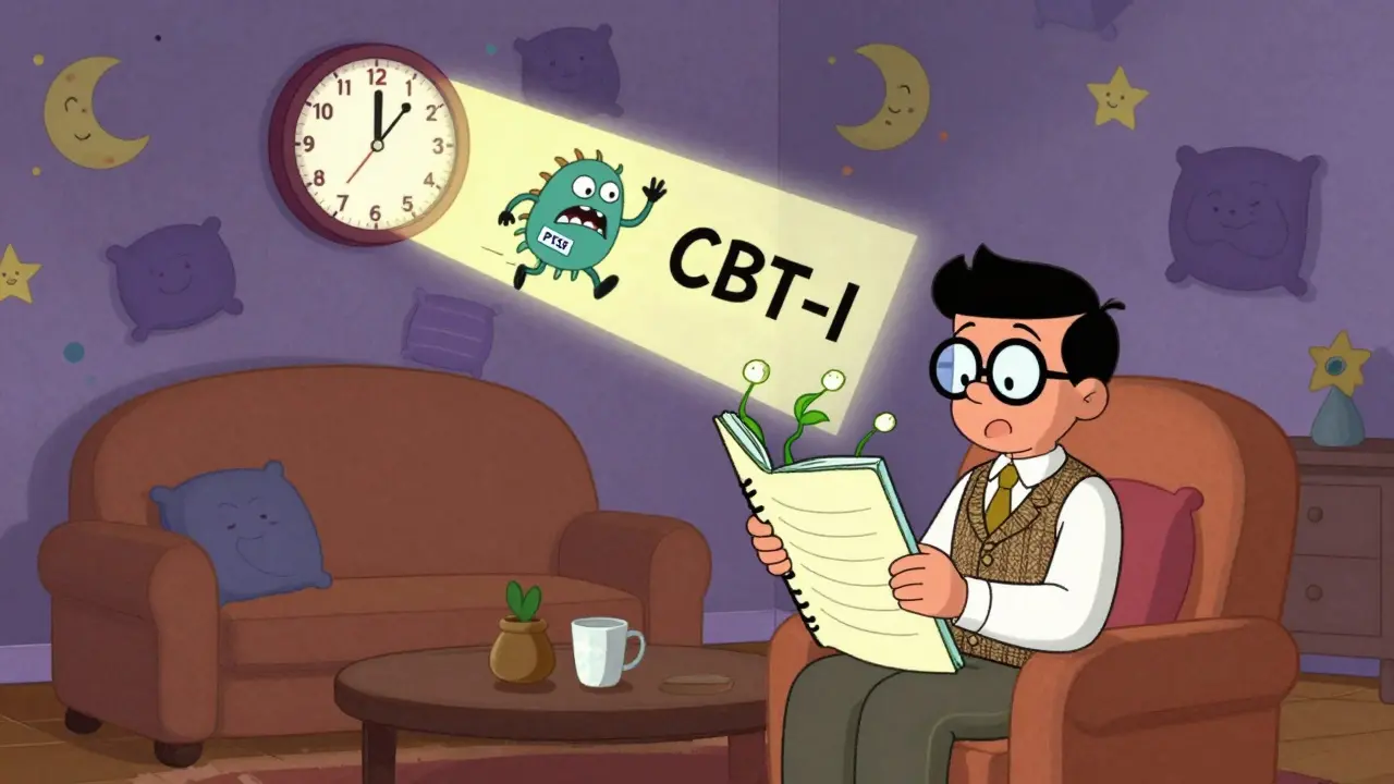 A therapist and patient interact with a glowing sleep diary as anxiety monsters run away from CBT-I light.