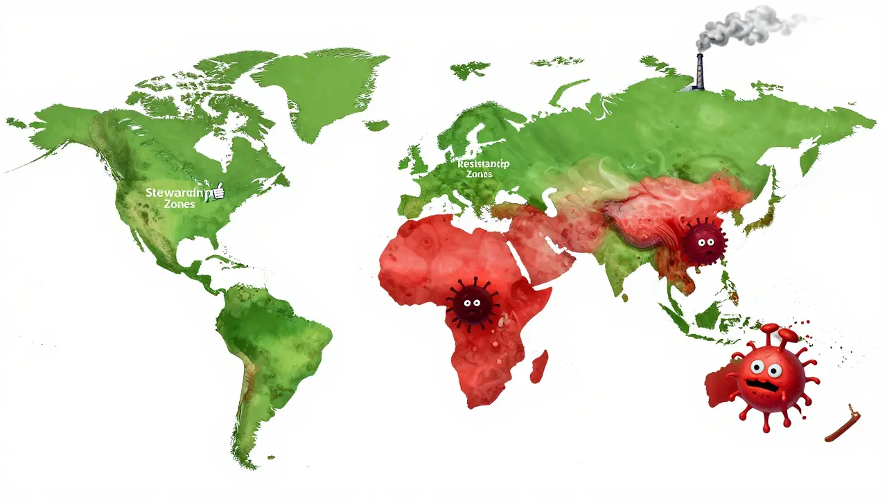 A world map showing green zones of responsible antibiotic use and red zones of rising superbug threats.