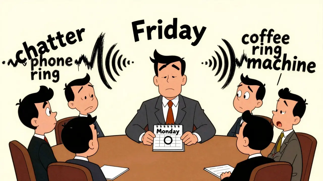 An adult in a meeting overwhelmed by noisy sound waves while only one word is clear.