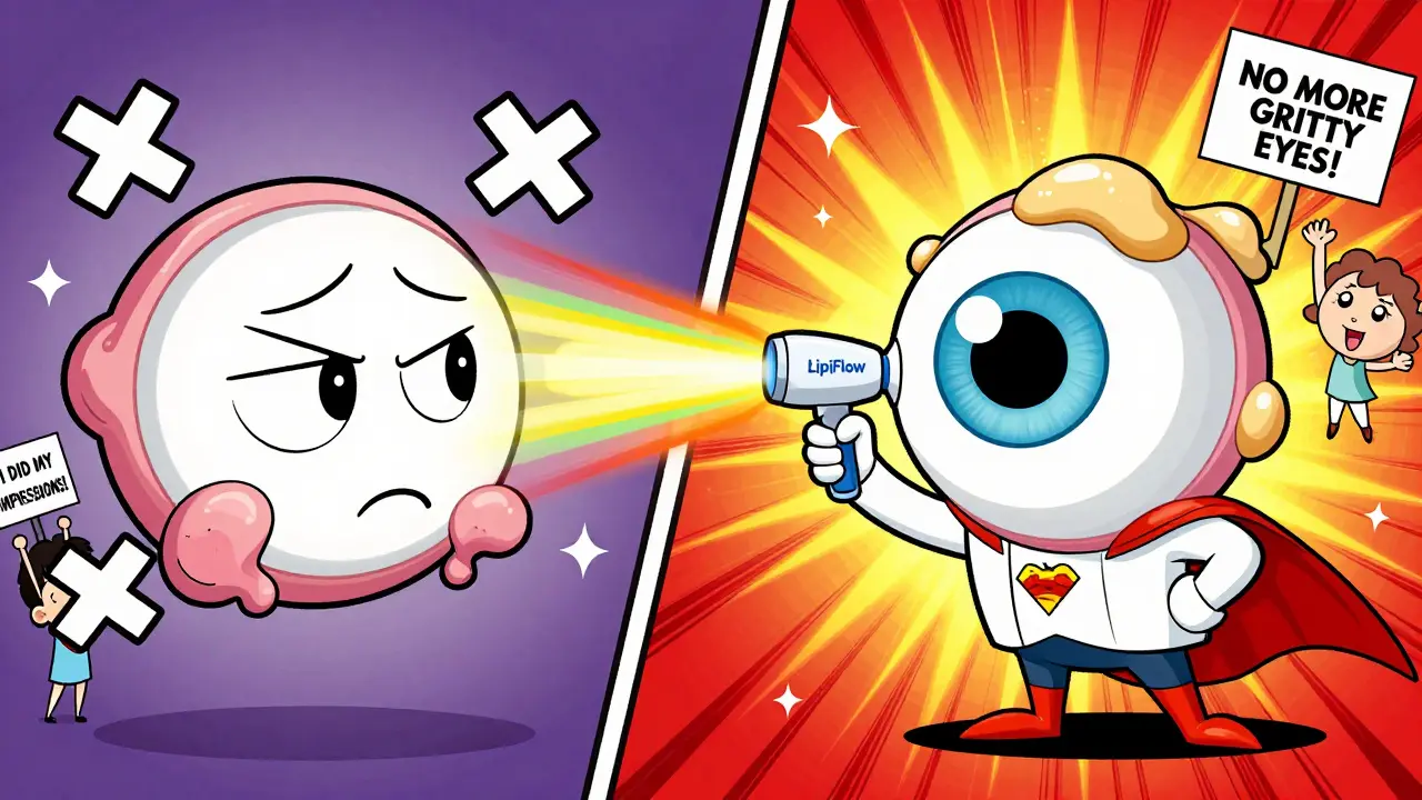 Before-and-after cartoon comparison of damaged vs. healthy meibomian glands with superhero theme.