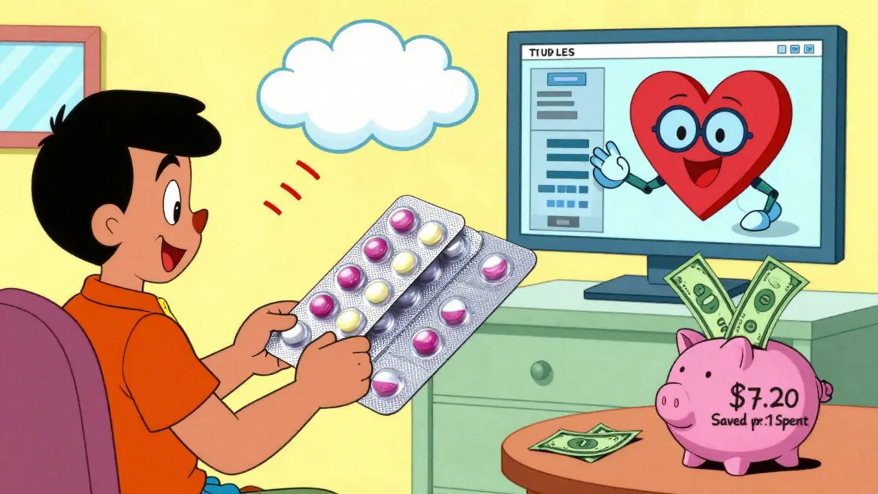 Blister pack releasing pills with digital signal to pharmacy dashboard and AI robot analyzing data.