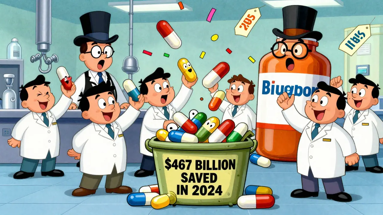 Cartoon factory workers toss generic pills into a giant savings bin labeled '7 billion' in 1960s animation style.