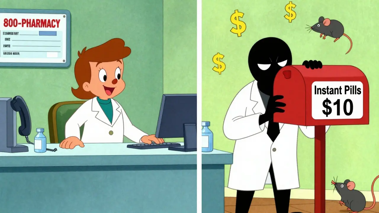 Contrast between a legitimate pharmacy with licensed pharmacist and a shady operation hiding behind a PO box.