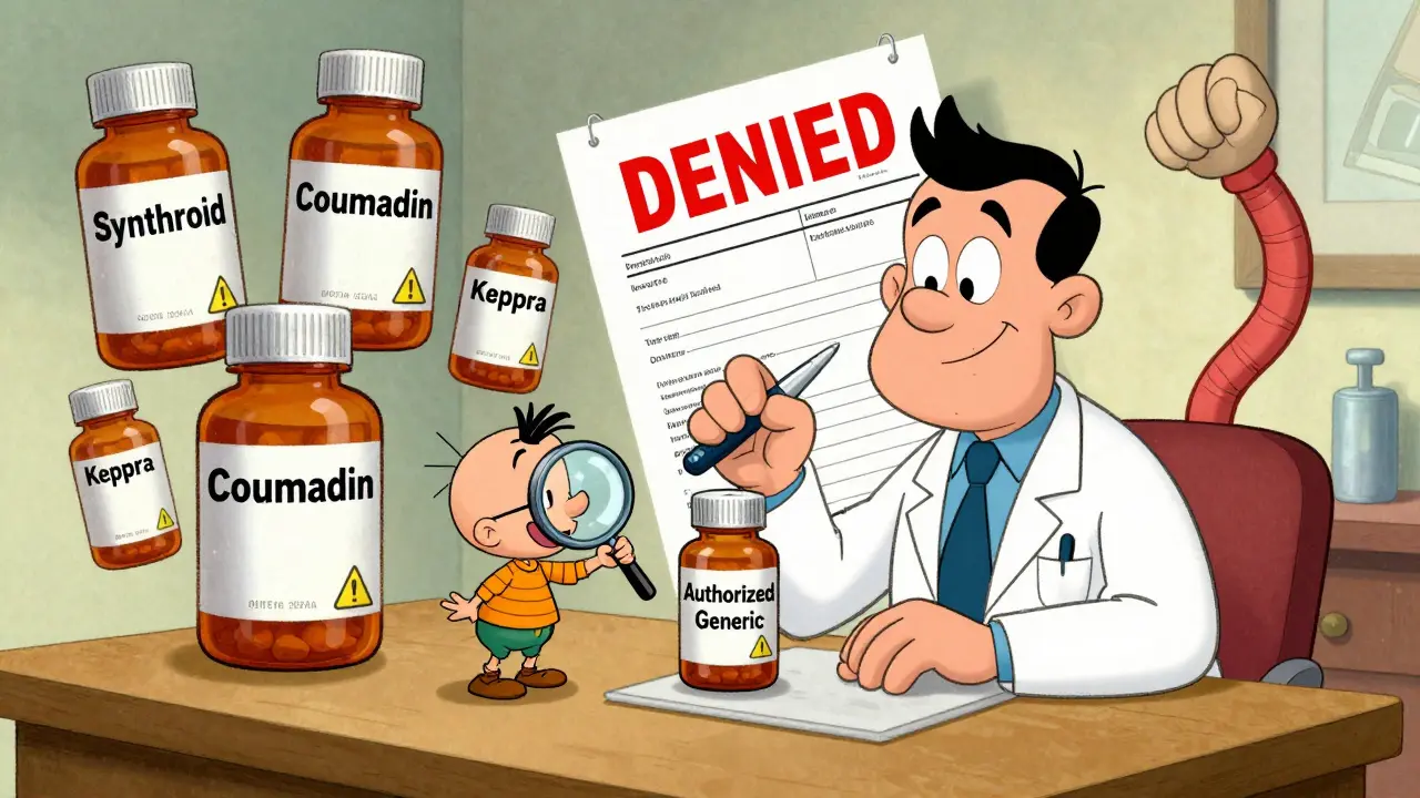 Doctor surrounded by giant brand-name pill bottles while patient examines authorized generic.