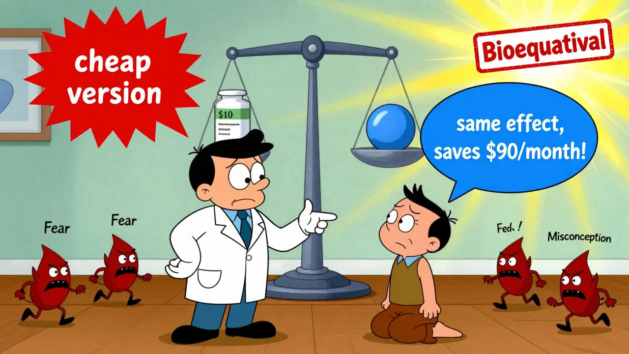 Doctor talking to nervous patient with contrasting speech bubbles showing positive and negative messages about generics