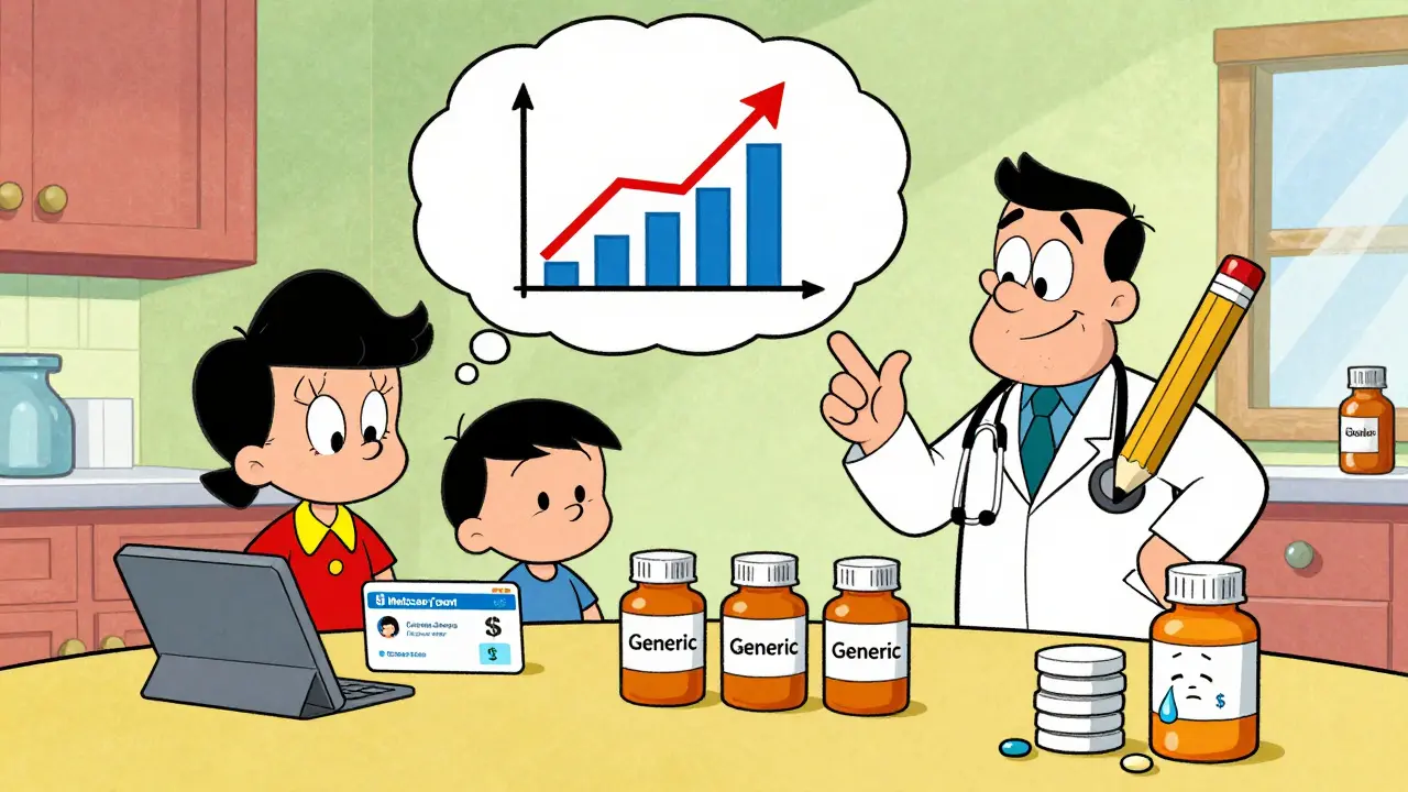 Family at table with generic pills and savings graph, brand-name drug shrinking in corner, Hanna-Barbera cartoon style.