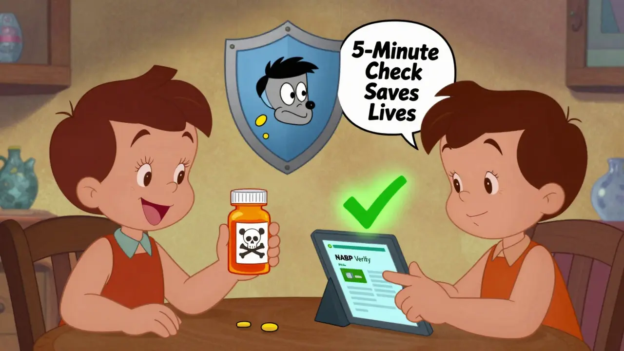 Family verifying an online pharmacy on a tablet while a fake pill bottle glows dangerously in the background.