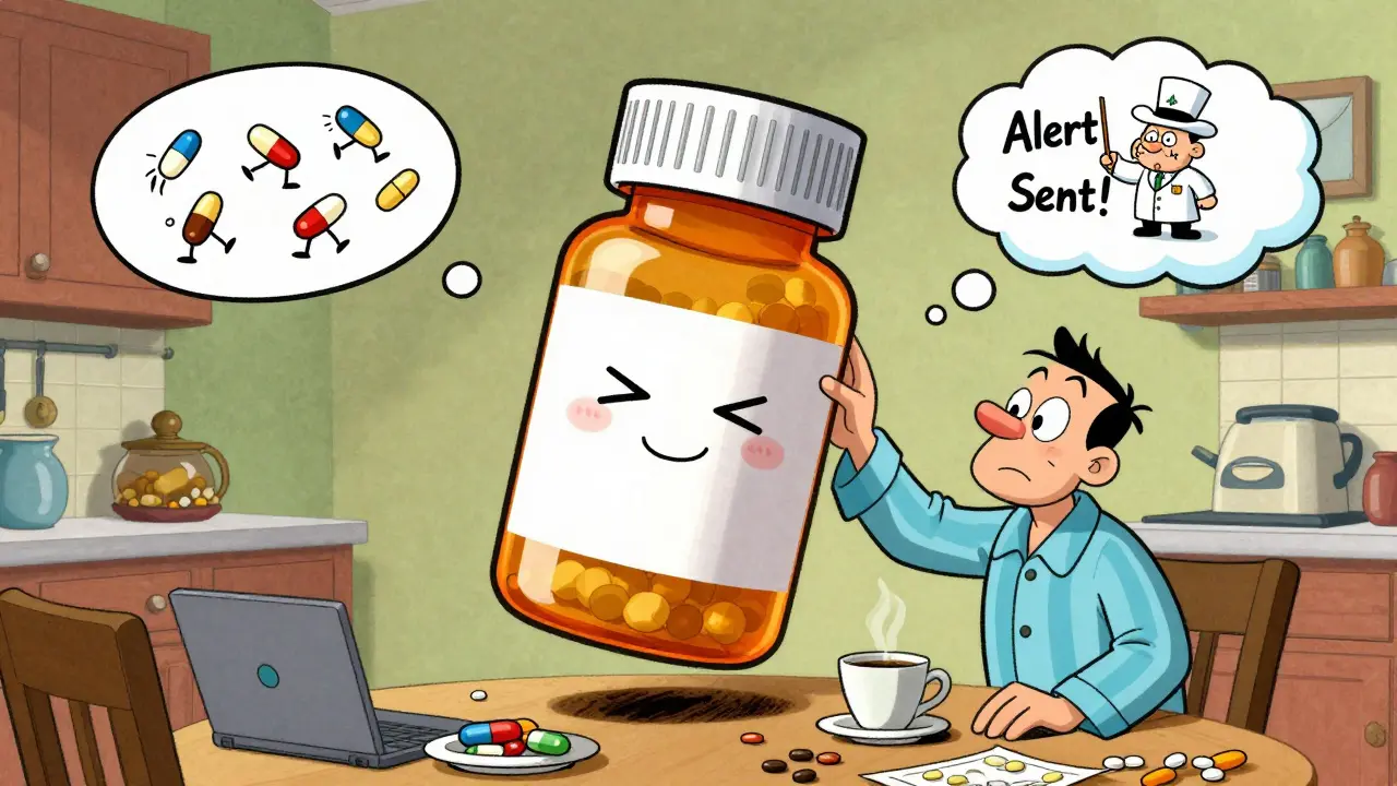 Forgetful man ignoring pills while a giant smart bottle winks and pills run away in cartoon style.