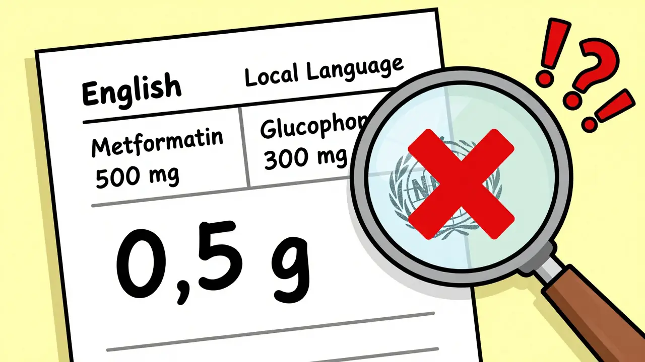 Handwritten medication list with English and local names beside a misread dosage