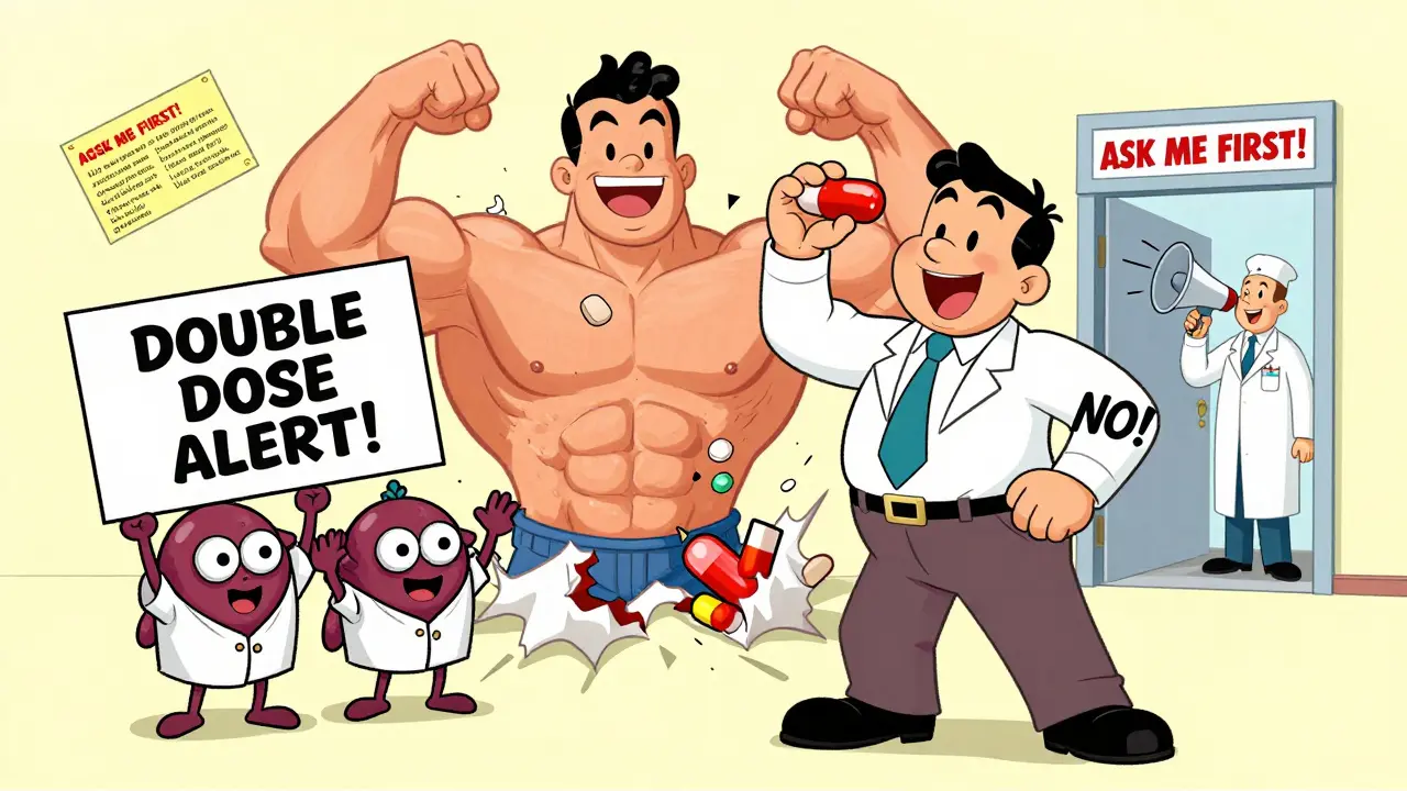 Man taking red yeast rice as statin pill screams, liver cells warn of double dose danger.