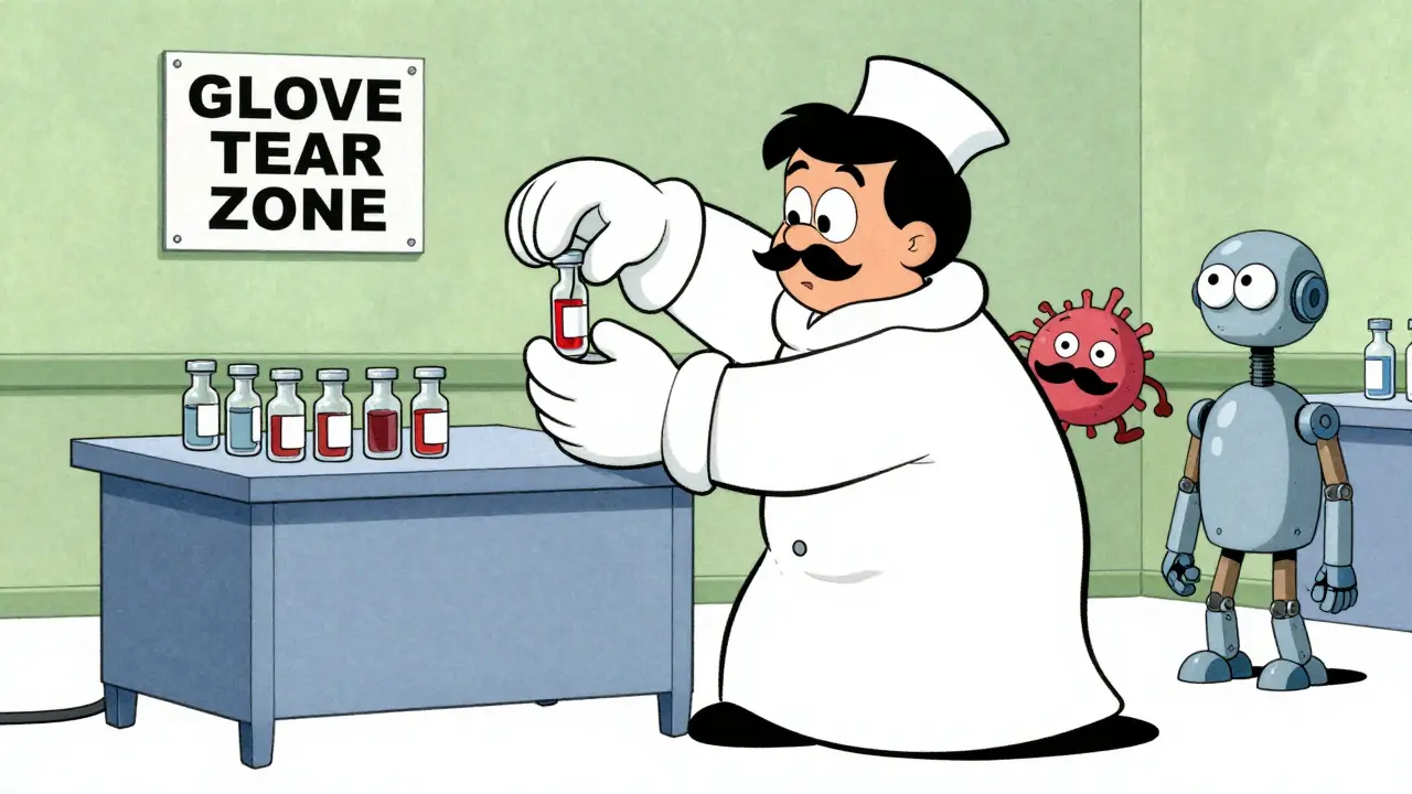 Operator in oversized gown reaching through gloves at RABS workstation as microbe sneaks in