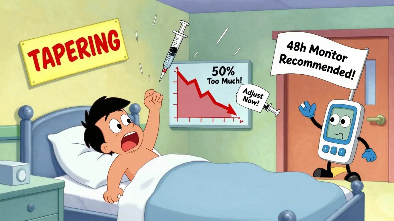 Patient leaping from bed as insulin syringes fall, with tapering sign and CGM waving flag in colorful Hanna-Barbera cartoon style.