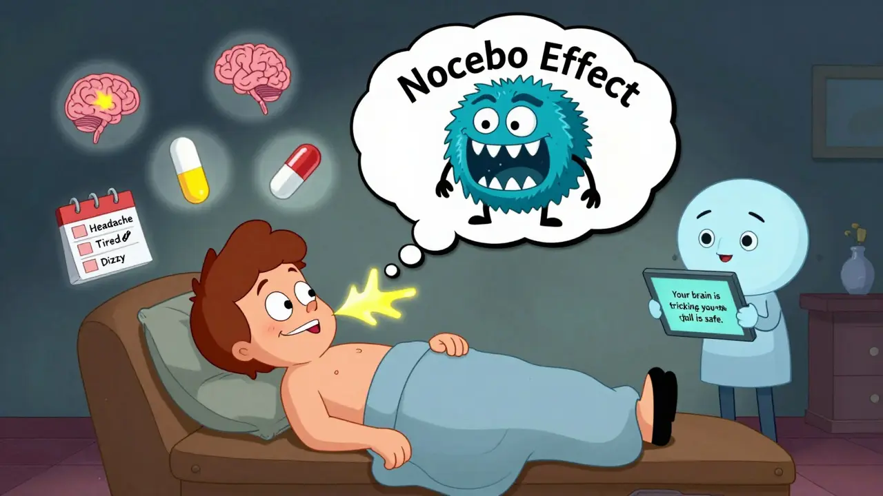 Patient on couch with giant 'Nocebo Effect' monster sucking energy, AI assistant projecting reassuring words