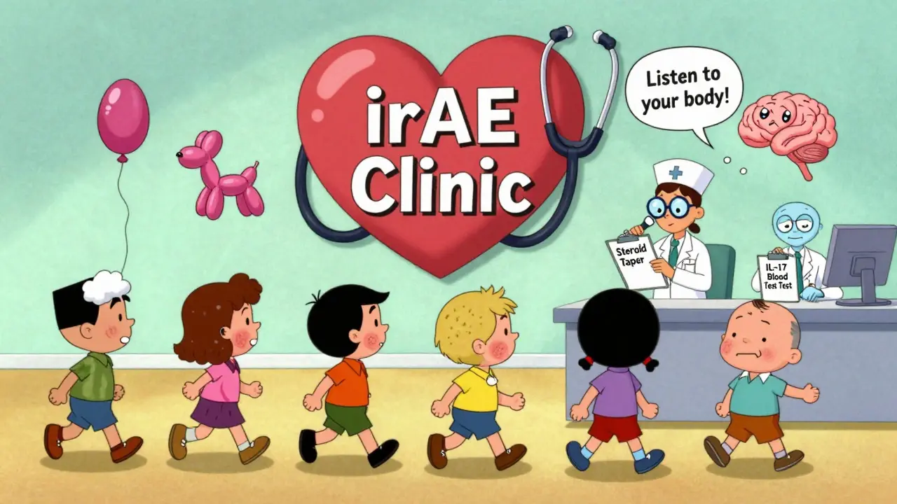 Patients entering a specialized irAE clinic with staff monitoring symptoms and blood tests.