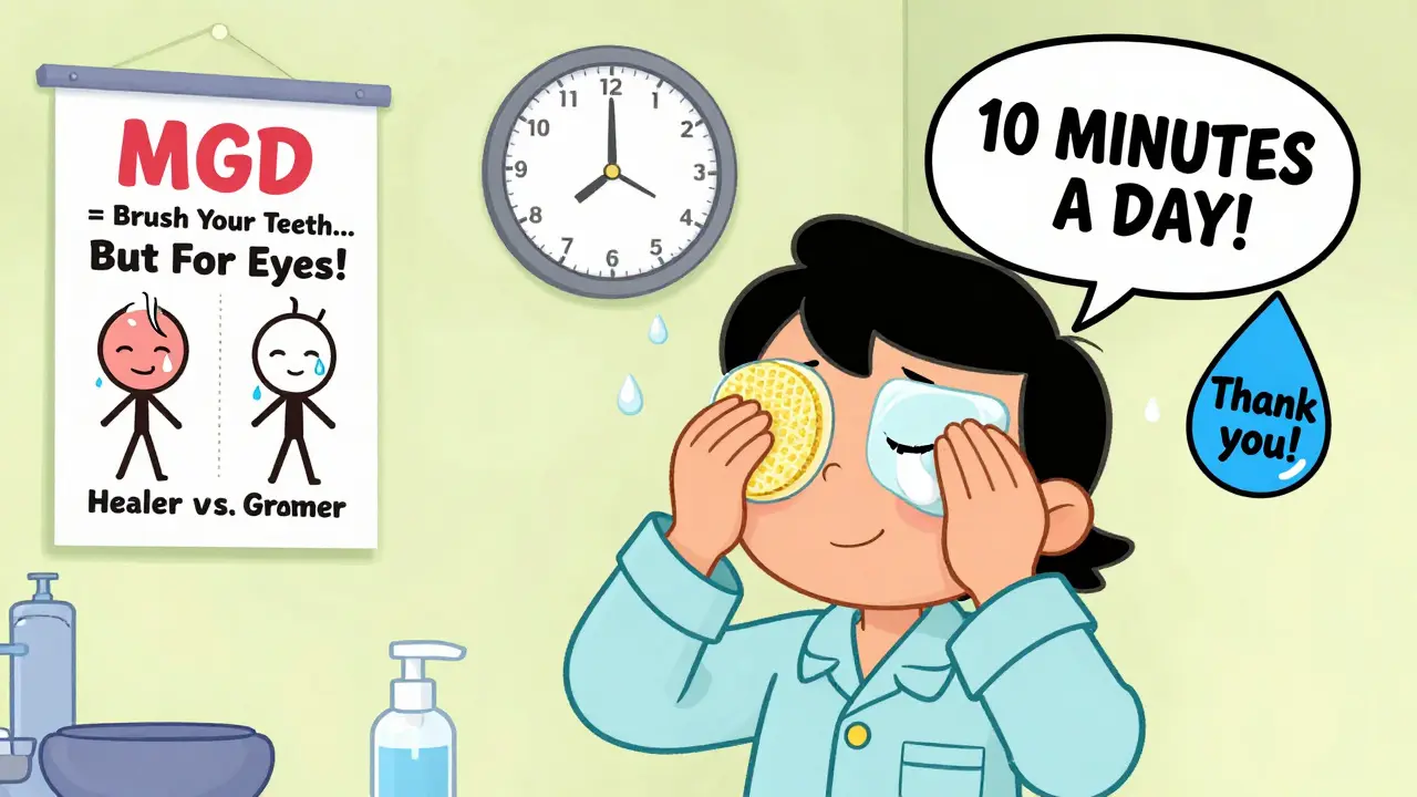 Person doing daily eye care routine with heated mask and lid massage, surrounded by comic-style icons.