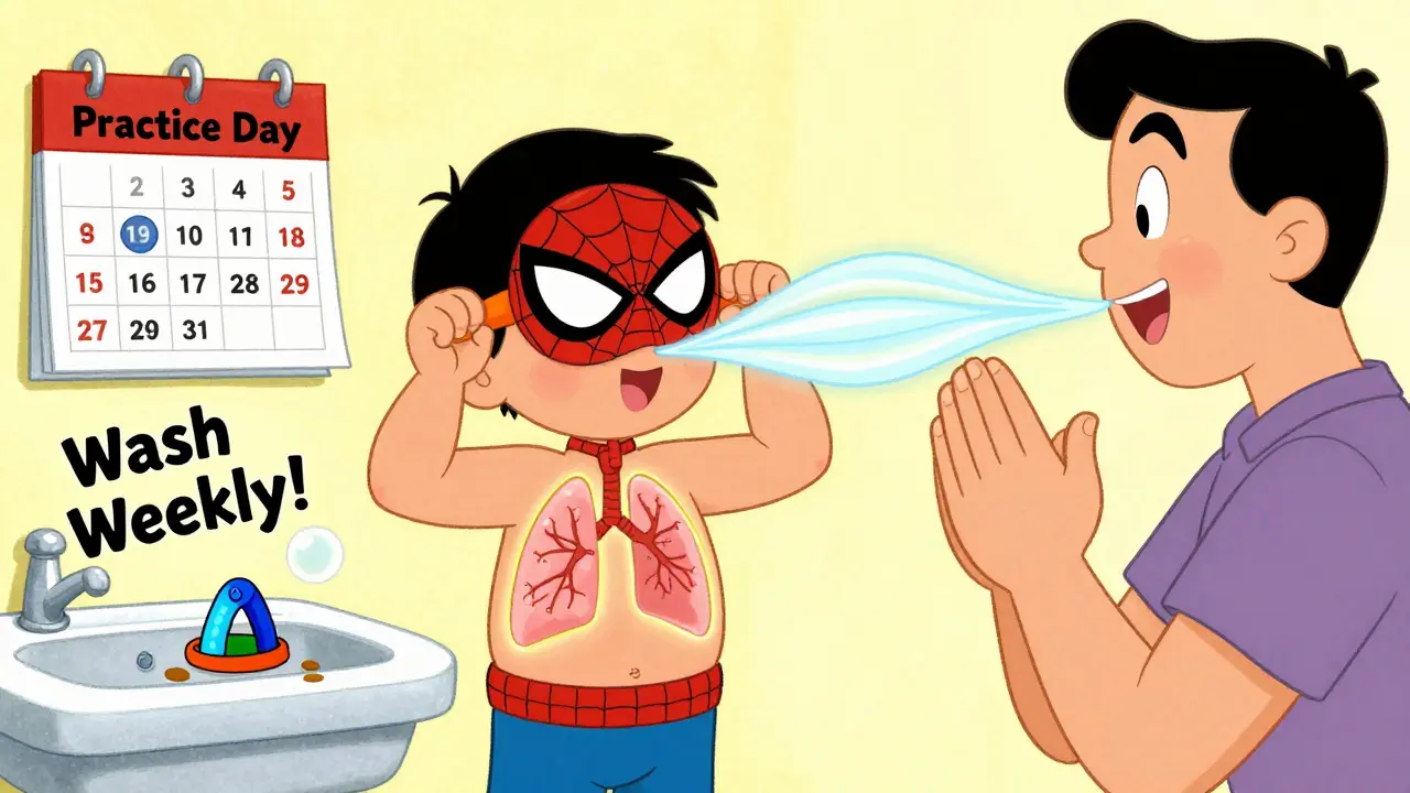 Preschooler practicing inhaler technique with Spider-Man spacer, showing slow breaths to glowing lungs.