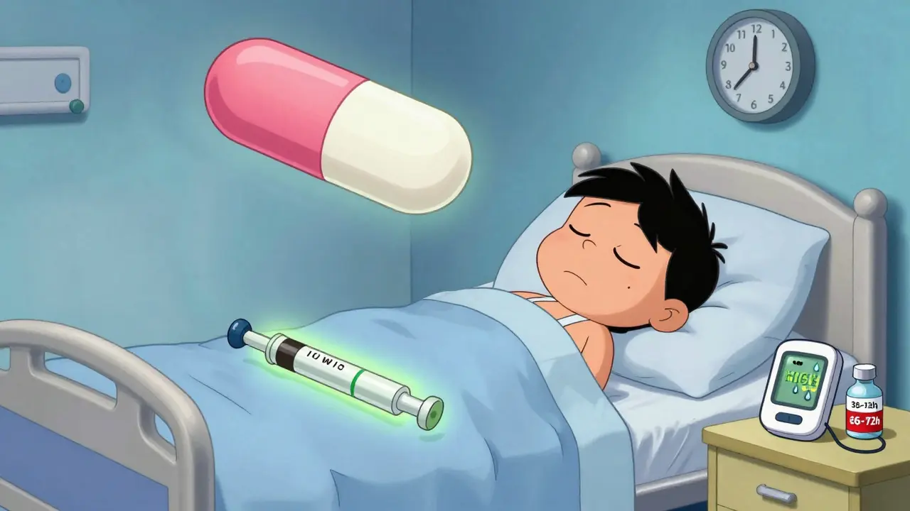 Sleeping patient with a long-acting dexamethasone pill floating above, glowing insulin pen below, in whimsical Hanna-Barbera hospital scene.