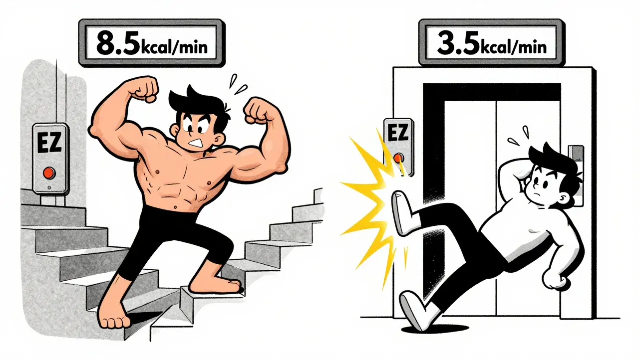 Someone climbing stairs energetically next to a lazy person in an elevator, with calorie burn rates shown above.
