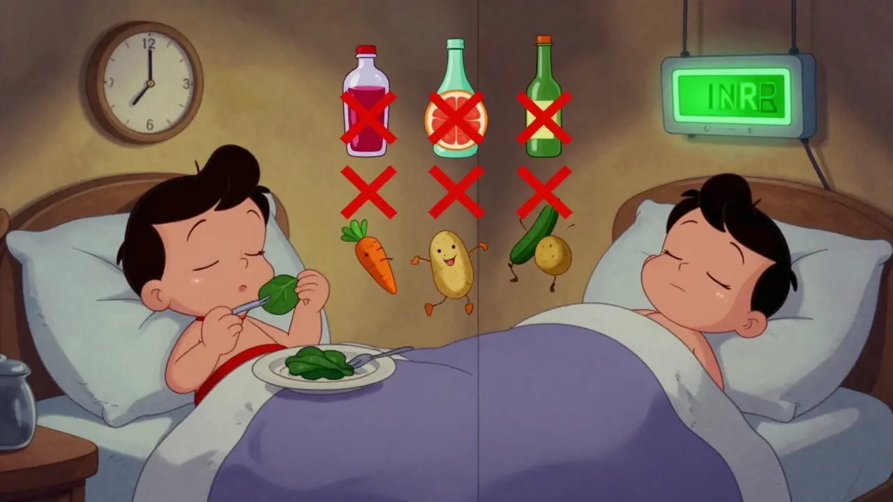 Split-screen daily routine: dinner with spinach and a stable INR meter glowing above a sleeping person at night.